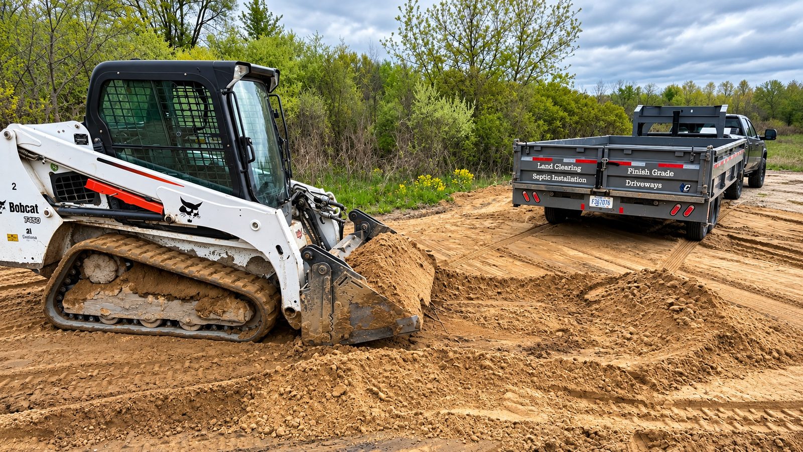Skid steer grading a cleared site with the lettered dump trailer behind it